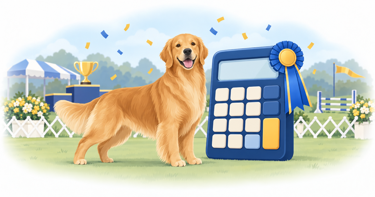 A happy show dog standing beside a large calculator and a blue ribbon