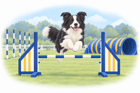 A border collie leaping over an agility jump