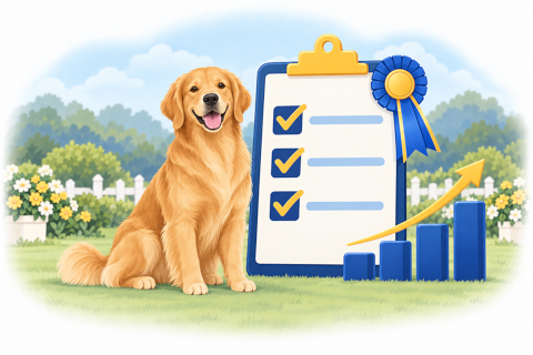 A happy dog beside a checklist with check marks and a progress bar