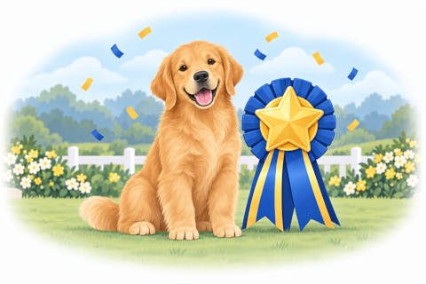 A fluffy puppy next to a gold star rosette ribbon