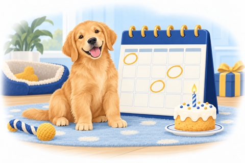 A puppy beside a wall calendar and a small birthday cake