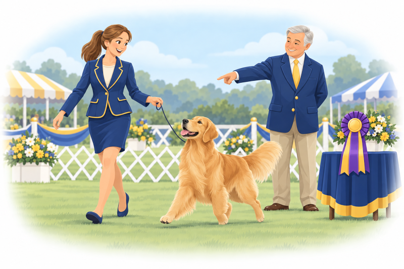 A show dog trotting in the ring while the judge points to it
